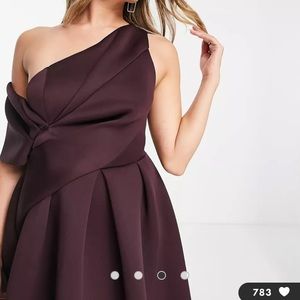 ASOS DESIGN bare shoulder midi dress in aubergine